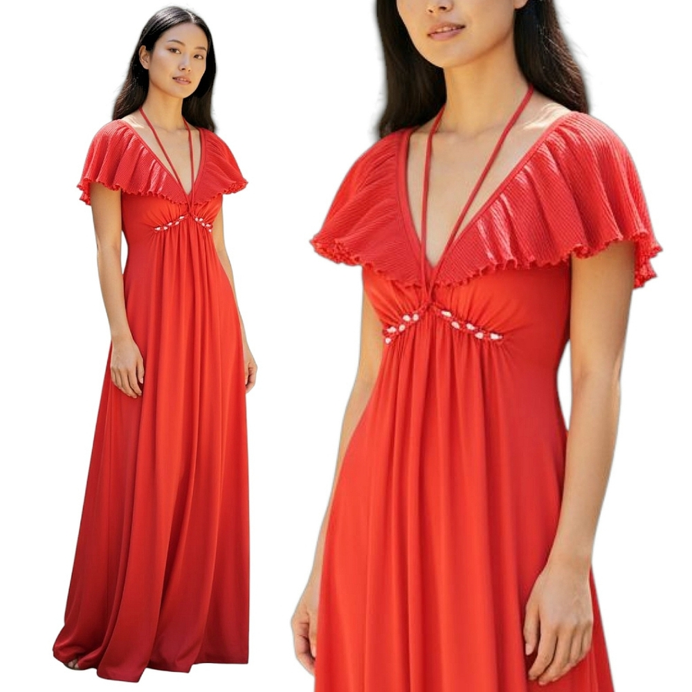 Vintage 1970s Disco Red Plisse Jersey Knit Maxi Dress Flutter Sleeve Cape S